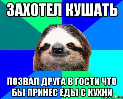 захотел кушать позвал друга в гости что бы принес еды с кухни, Мем Ленивец