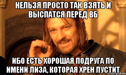 Нельзя просто так взять и выспатся перед вб Ибо есть хорошая подруга по имени Лиза, которая хрен пустит, Мем Нельзя просто так взять и (Боромир мем)