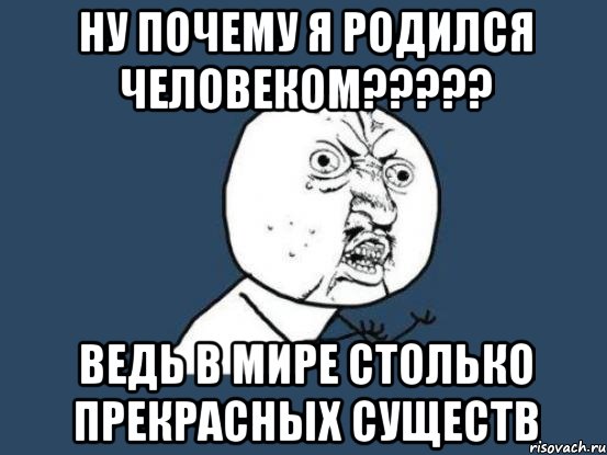 НУ ПОЧЕМУ Я РОДИЛСЯ ЧЕЛОВЕКОМ????? ВЕДЬ В МИРЕ СТОЛЬКО ПРЕКРАСНЫХ СУЩЕСТВ, Мем Ну почему