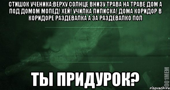 стишок ученика:верху солнце внизу трава на траве дом а под домом мопед! хей! училка пиписка! дома коридор в коридоре раздевалка а за раздевалко пол ты придурок?, Мем Игра слов 2