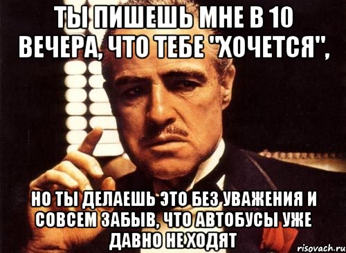 Было уже часов десять вечера. Ты пишешь мне без уважения. Всё что ты хочешь. Делай что хочешь но. Пиши, ты хочешь.