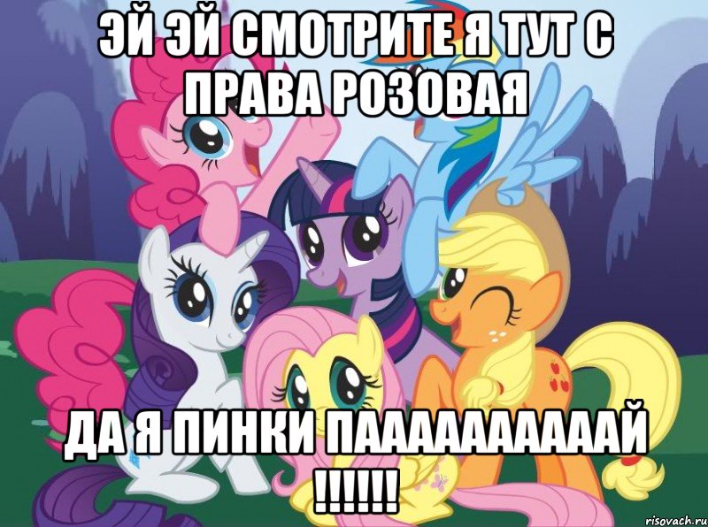 эй эй смотрите я тут с права розовая да я ПИНКИ ПААААААААААЙ !!!!!!, Мем My little pony