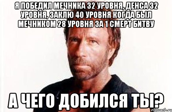 Я победил мечника 32 уровня, денса 32 уровня, заклю 40 уровня когда был мечником 28 уровня за 1 смерт битву А чего добился ты?, Мем олдскул