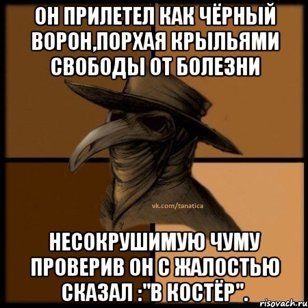 он прилетел как чёрный ворон,порхая крыльями свободы от болезни несокрушимую чуму проверив он с жалостью сказал :"В костёр".