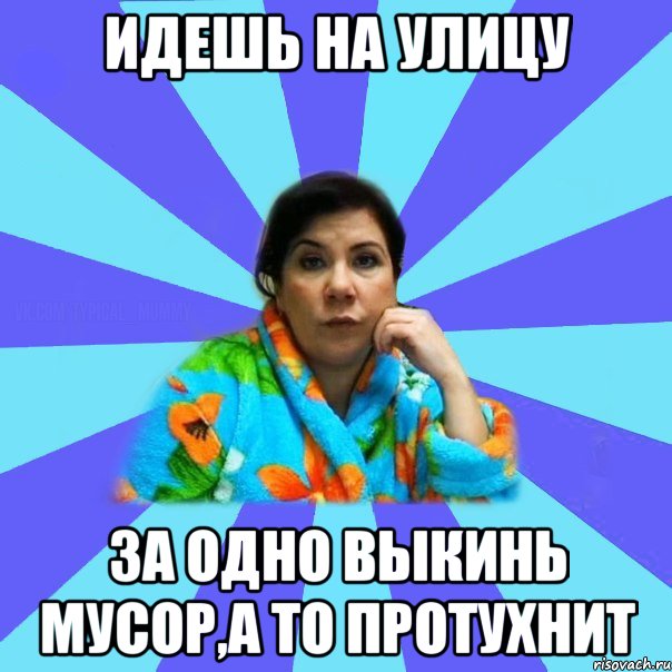 Идешь на улицу за одно выкинь мусор,а то протухнит, Мем типичная мама