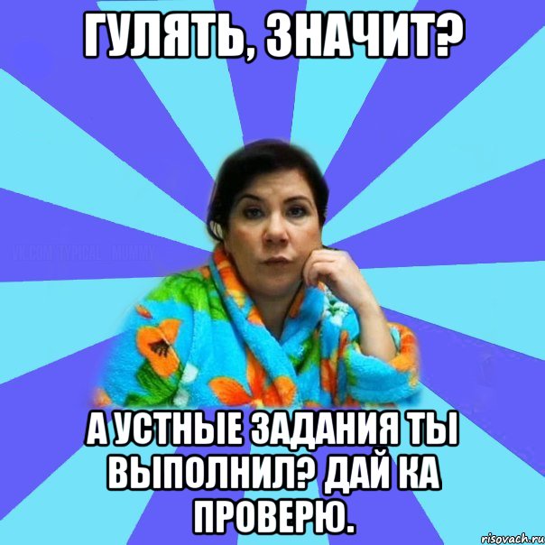 Гулять, значит? А устные задания ты выполнил? Дай ка проверю., Мем типичная мама