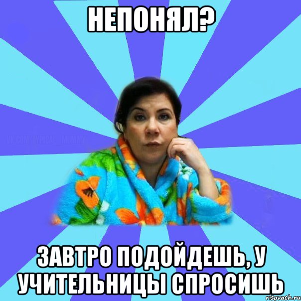 Непонял? Завтро подойдешь, у учительницы спросишь, Мем типичная мама