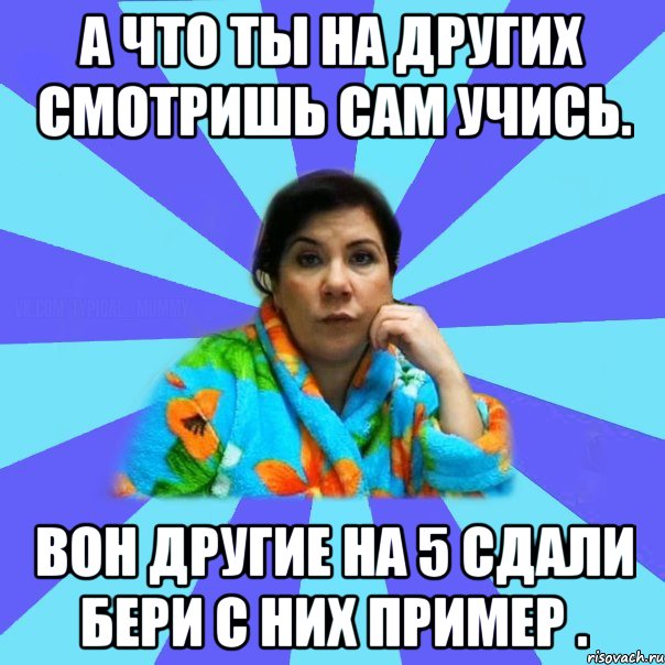 А что ты на других смотришь сам учись. Вон другие на 5 сдали бери с них пример ., Мем типичная мама