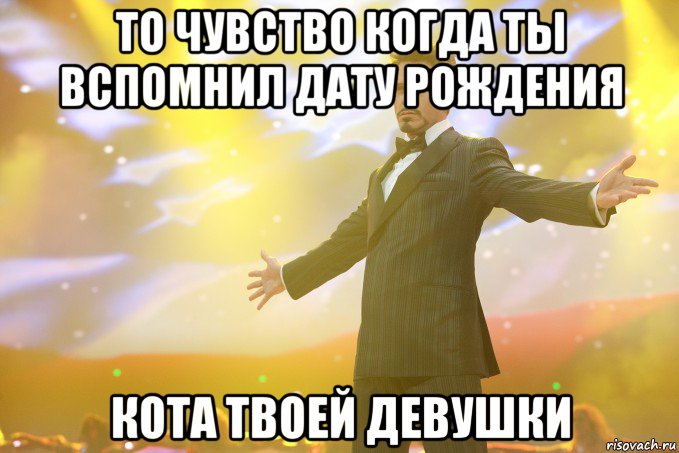 То чувство когда ты вспомнил дату рождения кота твоей девушки, Мем Тони Старк (Роберт Дауни младший)