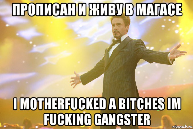 Прописан и живу в Магасе I motherfucked a bitches Im fucking gangster, Мем Тони Старк (Роберт Дауни младший)