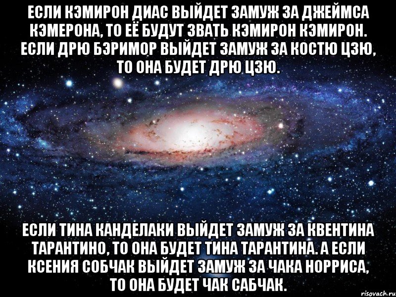 Если Кэмирон Диас выйдет замуж за Джеймса Кэмерона, то её будут звать Кэмирон Кэмирон. Если Дрю Бэримор выйдет замуж за Костю Цзю, то она будет Дрю Цзю. Если Тина Канделаки выйдет замуж за Квентина Тарантино, то она будет Тина Тарантина. А если Ксения Собчак выйдет замуж за Чака Норриса, то она будет Чак Сабчак., Мем Вселенная