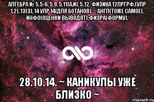 Алгебра № 5.5-6, 5.9, 5.11(a,и), 5.12. Физика 12пргрф,(упр 1,2), 13(3), 14 упр 14(для БОТАНОВ).... Англ(тоже самое), Инфо(оценки выводят);Физра(форму). 28.10.14. ~ каникулы уже близко ~, Мем офигенно