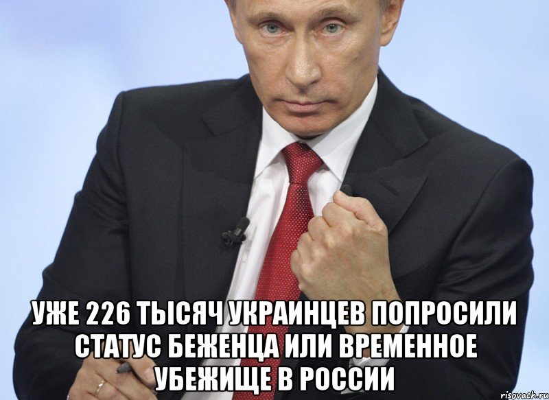  Уже 226 тысяч украинцев попросили статус беженца или временное убежище в России, Мем Путин показывает кулак