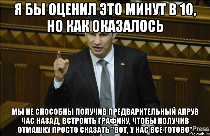 я бы оценил это минут в 10, но как оказалось мы не способны получив предварительный апрув час назад, встроить графику, чтобы получив отмашку просто сказать "вот, у нас всё готово", Мем кличко философ