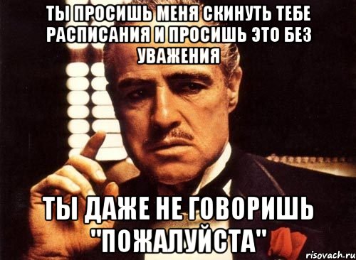 Ты просишь меня скинуть тебе расписания и просишь это без уважения Ты даже не говоришь "пожалуйста", Мем крестный отец