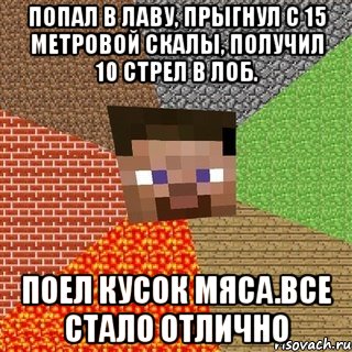 попал в лаву, прыгнул с 15 метровой скалы, получил 10 стрел в лоб. Поел кусок мяса.Все стало отлично, Мем Миникрафтер