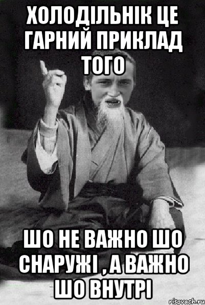 холодільнік це гарний приклад того шо не важно шо снаружі , а важно шо внутрі, Мем Мудрий паца