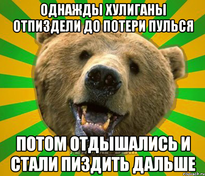 ОДНАЖДЫ ХУЛИГАНЫ ОТПИЗДЕЛИ ДО ПОТЕРИ ПУЛЬСЯ ПОТОМ ОТДЫШАЛИСЬ И СТАЛИ ПИЗДИТЬ ДАЛЬШЕ, Мем Нелепый медведь