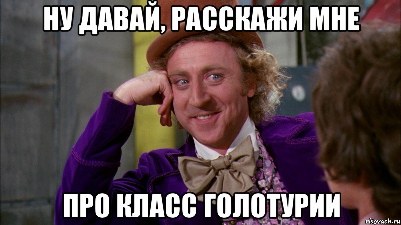 Ну давай, расскажи мне про класс голотурии, Мем Ну давай расскажи (Вилли Вонка)