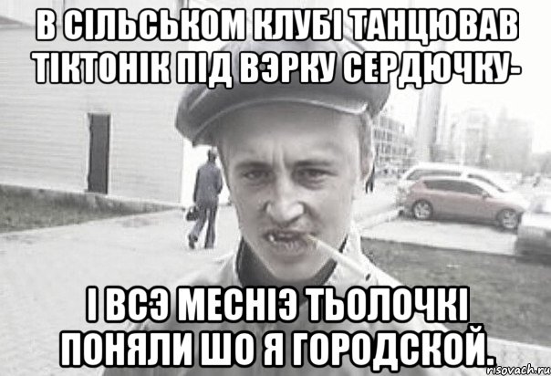 В сiльськом клубi танцював тiктонiк пiд вэрку сердючку- i всэ меснiэ тьолочкi поняли шо я городской., Мем Пацанська философия