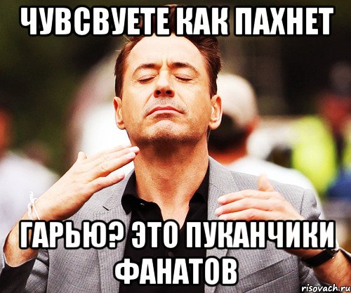 чувсвуете как пахнет гарью? Это пуканчики фанатов, Мем   Дауни-младший нюхает