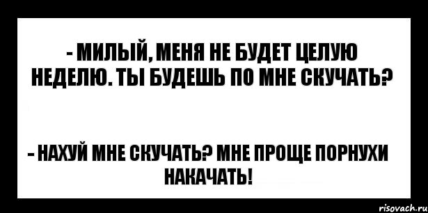 - милый, меня не будет целую неделю. ты будешь по мне скучать? - нахуй мне скучать? мне проще порнухи накачать!