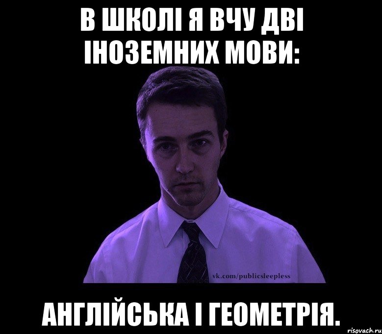 В школі я вчу дві іноземних мови: англійська і геометрія., Мем типичный недосыпающий