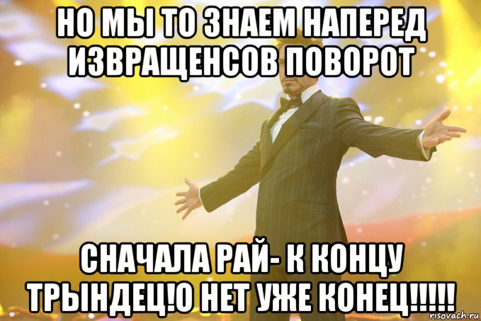 но мы то знаем наперед извращенсов поворот сначала рай- к концу трындец!О НЕТ УЖЕ КОНЕЦ!!!!!, Мем Тони Старк (Роберт Дауни младший)