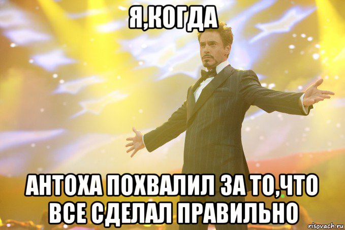 я,когда антоха похвалил за то,что все сделал правильно, Мем Тони Старк (Роберт Дауни младший)