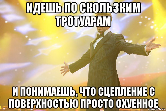 Идешь по скользким тротуарам и понимаешь, что сцепление с поверхностью просто охуенное, Мем Тони Старк (Роберт Дауни младший)