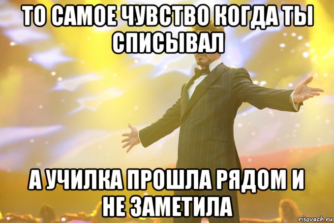 То самое чувство когда ты списывал а училка прошла рядом и не заметила, Мем Тони Старк (Роберт Дауни младший)