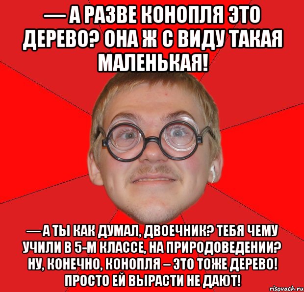 — А разве конопля это дерево? Она ж с виду такая маленькая! — А ты как думал, двоечник? Тебя чему учили в 5-м классе, на Природоведении? Ну, конечно, конопля – это тоже дерево! Просто ей вырасти не дают!, Мем Злой Типичный Ботан