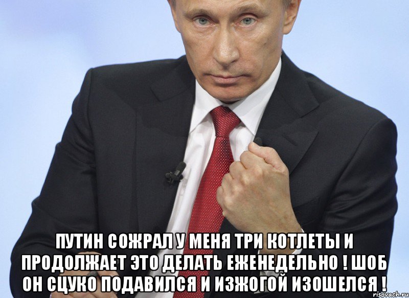  Путин сожрал у меня три котлеты и продолжает это делать еженедельно ! Шоб он сцуко подавился и изжогой изошелся !, Мем Путин показывает кулак