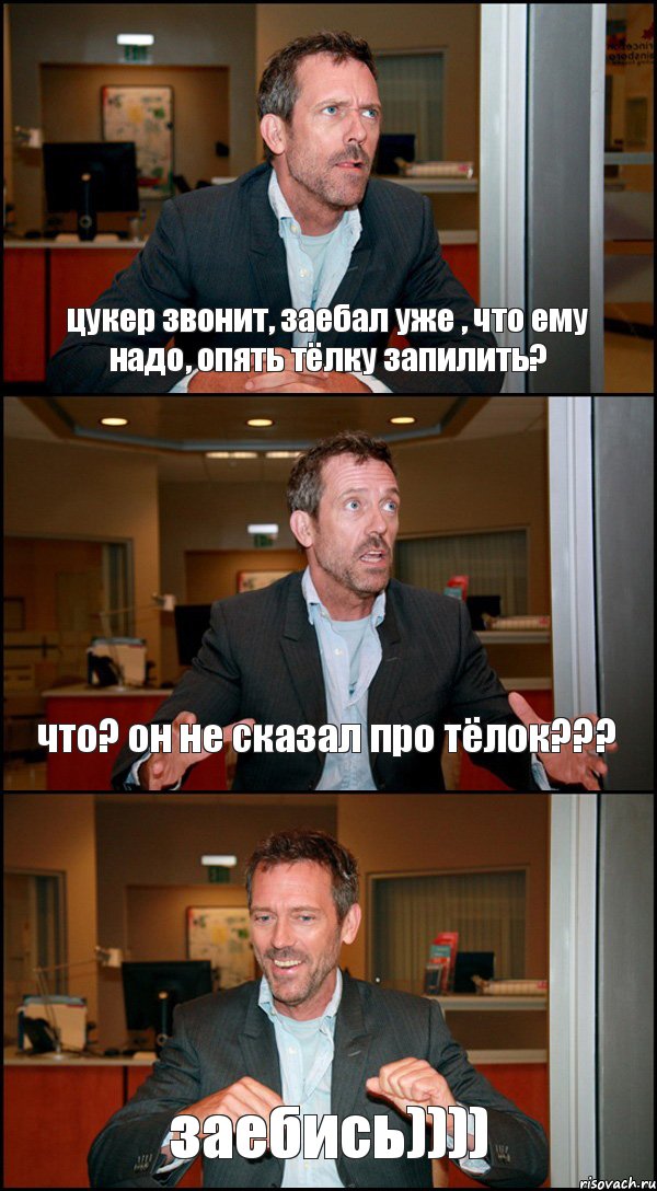 цукер звонит, заебал уже , что ему надо, опять тёлку запилить? что? он не сказал про тёлок??? заебись)))), Комикс Доктор Хаус