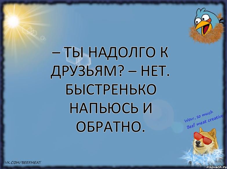 – Ты надолго к друзьям? – Нет. Быстренько напьюсь и обратно.