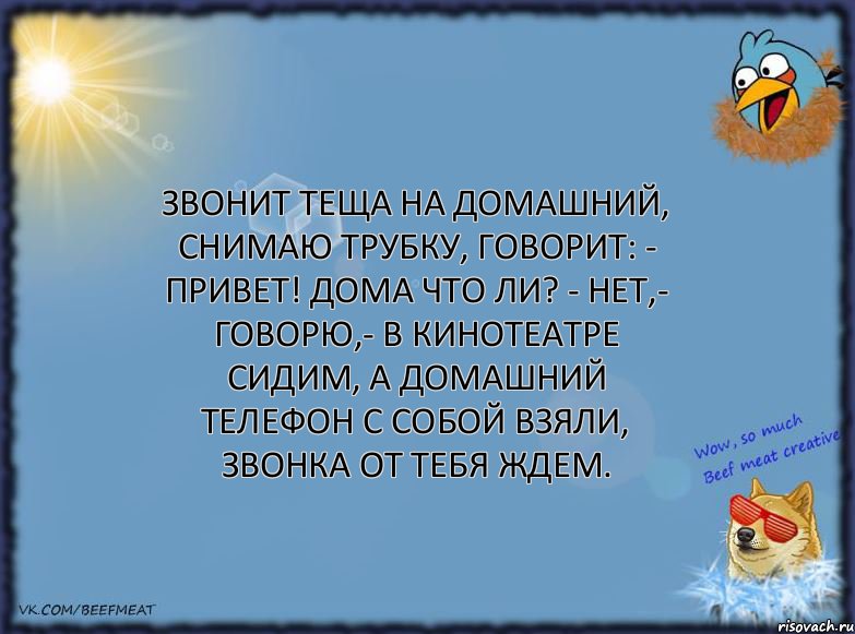 Звонит теща на домашний, снимаю трубку, говорит: - Привет! Дома что ли? - Нет,- говорю,- в кинотеатре сидим, а домашний телефон с собой взяли, звонка от тебя ждем.