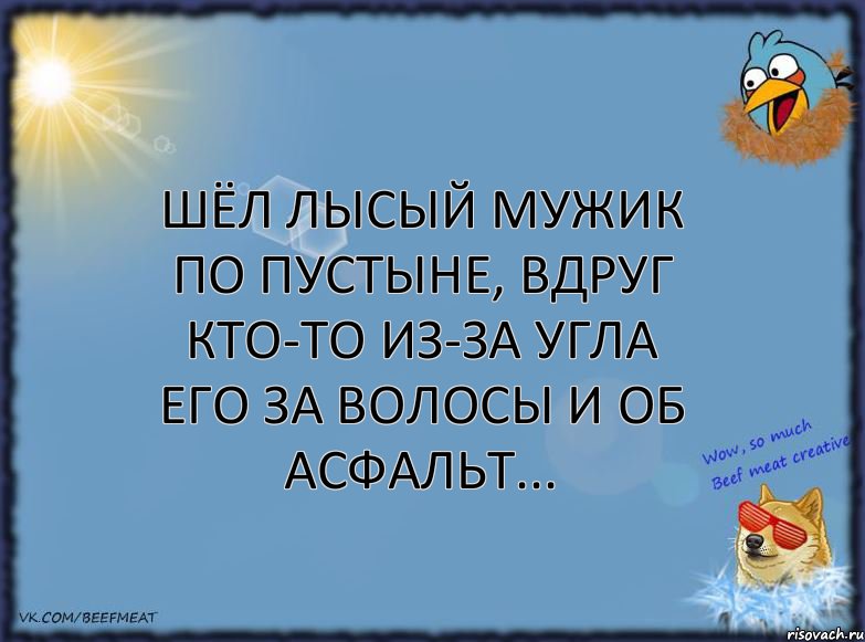 Шёл лысый мужик по пустыне, вдруг кто-то из-за угла его за волосы и об асфальт...