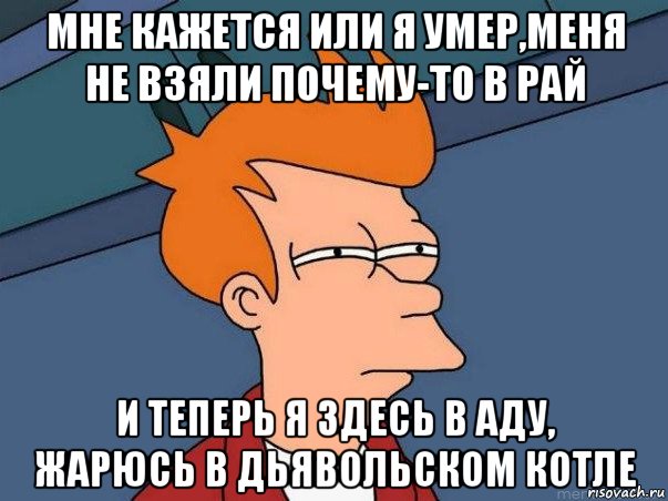 мне кажется или я умер,меня не взяли почему-то в рай и теперь я здесь в аду, жарюсь в дьявольском котле, Мем  Фрай (мне кажется или)