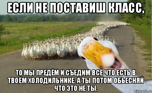 Если не поставиш класс, то мы предём и съедим всё что есть в твоём холодильнике. А ты потом обьесняй что это не ты.