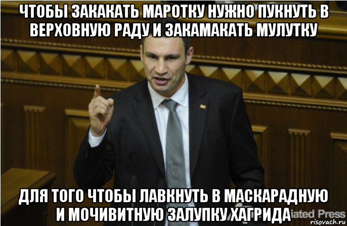 чтобы закакать маротку нужно пукнуть в верховную раду и закамакать мулутку для того чтобы лавкнуть в маскарадную и мочивитную залупку хагрида, Мем кличко философ