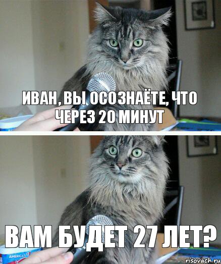 Иван, Вы осознаёте, что через 20 минут Вам будет 27 лет?, Комикс  кот с микрофоном