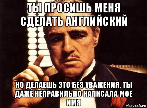 ты просишь меня сделать английский но делаешь это без уважения, ты даже неправильно написала мое имя, Мем крестный отец