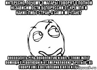 Интересно, почему змагары говорят о полной независимости Белоруссии от Кремля и каких-либо стран, а сами мечтают воссоздать Речь Посполитую и ВКЛ, а также ждут помощи с революцией от американских "братьев", не говоря уже о вступлении в НАТО и ЕС?, Мем Мне кажется или