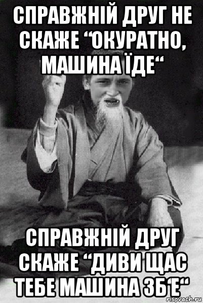 справжній друг не скаже “окуратно, машина їде“ справжній друг скаже “диви щас тебе машина зб‘е“, Мем Мудрий паца