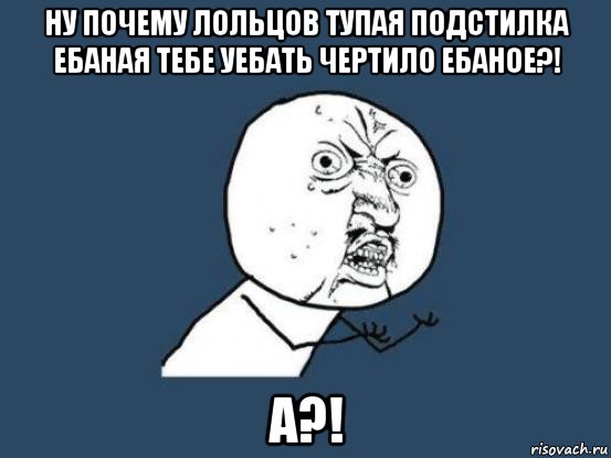 ну почему лольцов тупая подстилка ебаная тебе уебать чертило ебаное?! а?!, Мем Ну почему