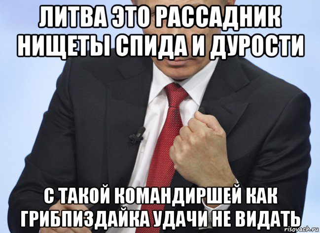 литва это рассадник нищеты спида и дурости с такой командиршей как грибпиздайка удачи не видать, Мем Путин показывает кулак
