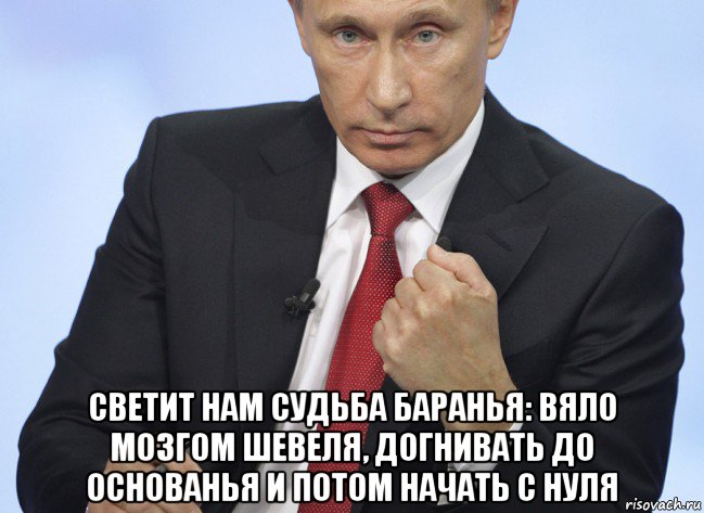  светит нам судьба баранья: вяло мозгом шевеля, догнивать до основанья и потом начать с нуля, Мем Путин показывает кулак