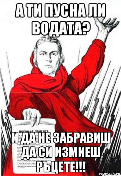 А ТИ ПУСНА ЛИ ВОДАТА? И ДА НЕ ЗАБРАВИШ ДА СИ ИЗМИЕШ РЪЦЕТЕ!!!, Мем Родина Мать