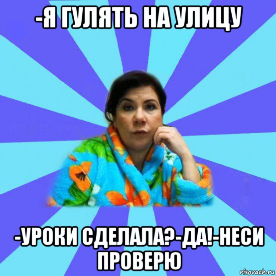 -я гулять на улицу -уроки сделала?-да!-неси проверю, Мем типичная мама