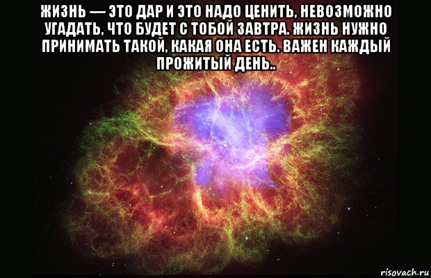 жизнь — это дар и это надо ценить, невозможно угадать, что будет с тобой завтра. жизнь нужно принимать такой, какая она есть. важен каждый прожитый день.. , Мем Туманность